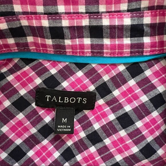 Talbots Pink + Navy Plaid Cotton Long Sleeve  Button Front Blouse Medium - Picture 6 of 8